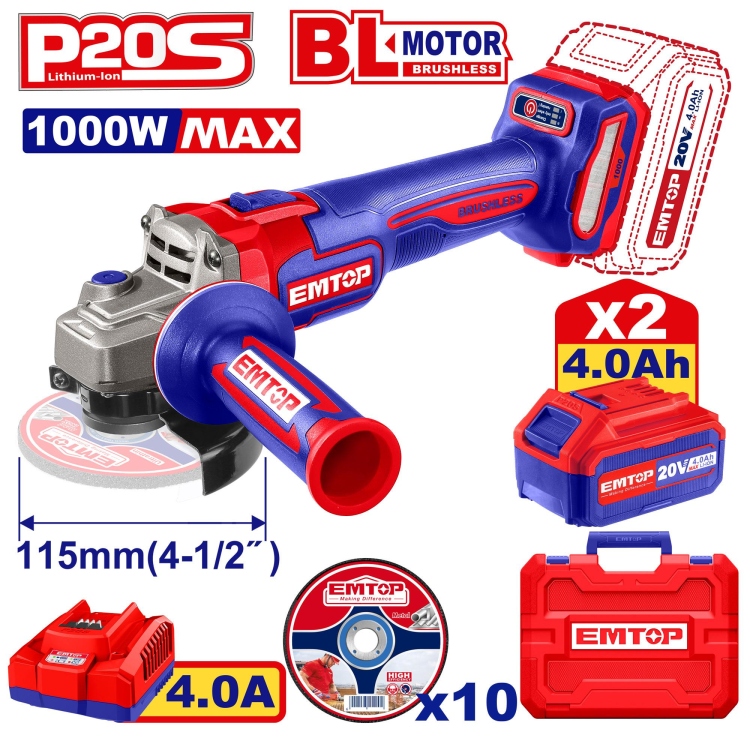 صاروخ 4.5" شحن 20v 1000W  مع 2 بطاريه 4A و شاحن ELAG271532      Brushless Motor   