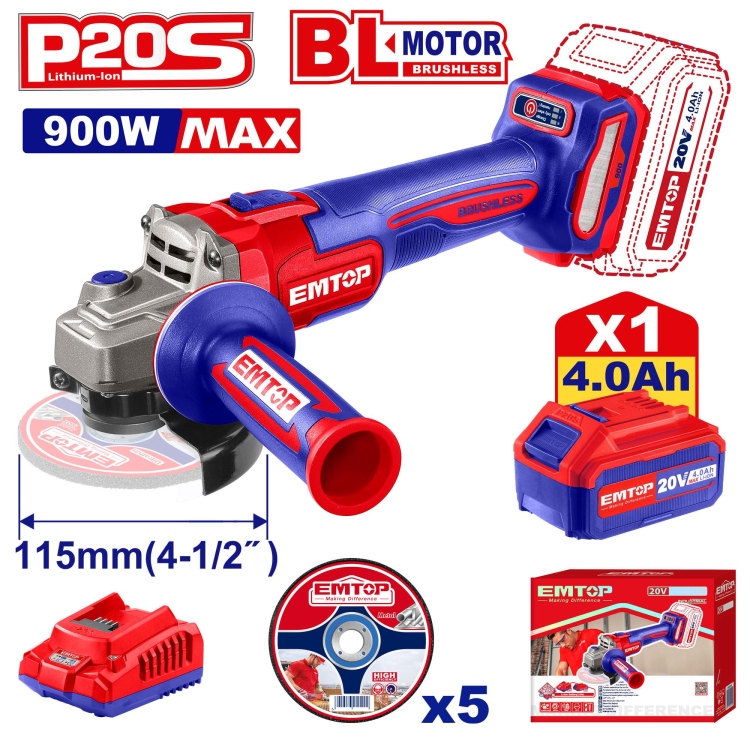 صاروخ 4.5" شحن 20v 900W  مع 1 بطاريه 4A و شاحن ELAG261521     Brushless Motor  