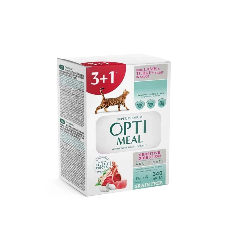 أوبتيميل طعام معلب للقطط البالغة – الهضم الحساس – عبوة مختلطة (1+3)