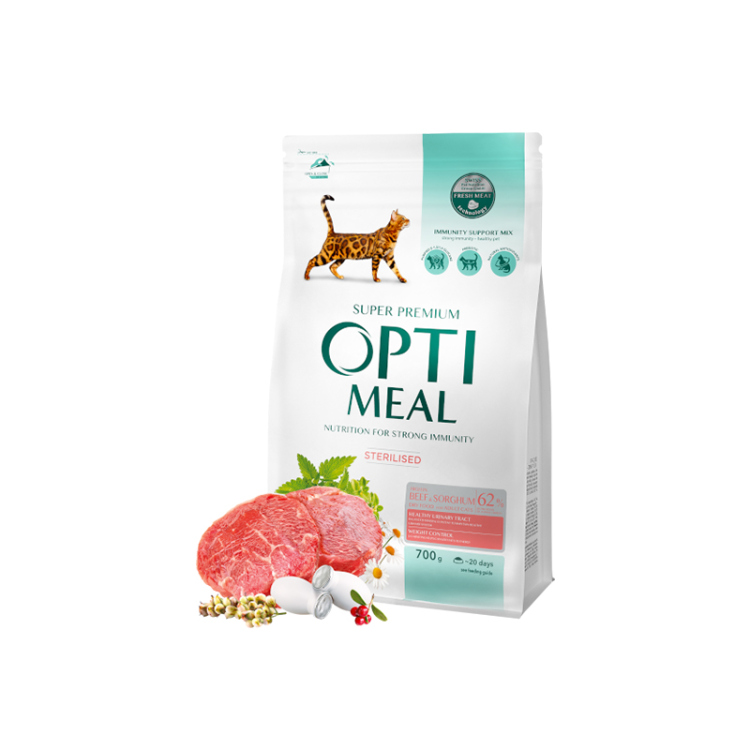 أوبتيميل طعام جاف للقطط المعقمة – بنكهة لحم البقر والسورغم