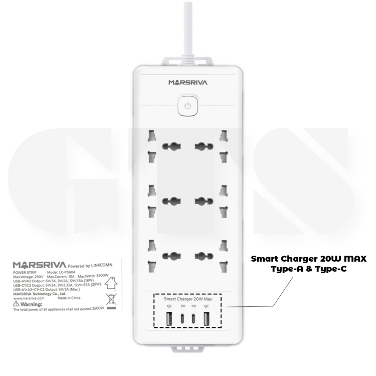 MARSRIVA LC-PS604 ( 6 outlets, 2XUSB-A + 2XPD Type-C ) 3 meter  EU plug   