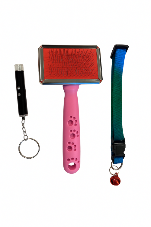 طقم 3 قطع للعناية والترفيه للقطط – فرشاة، ليزر، وطوق