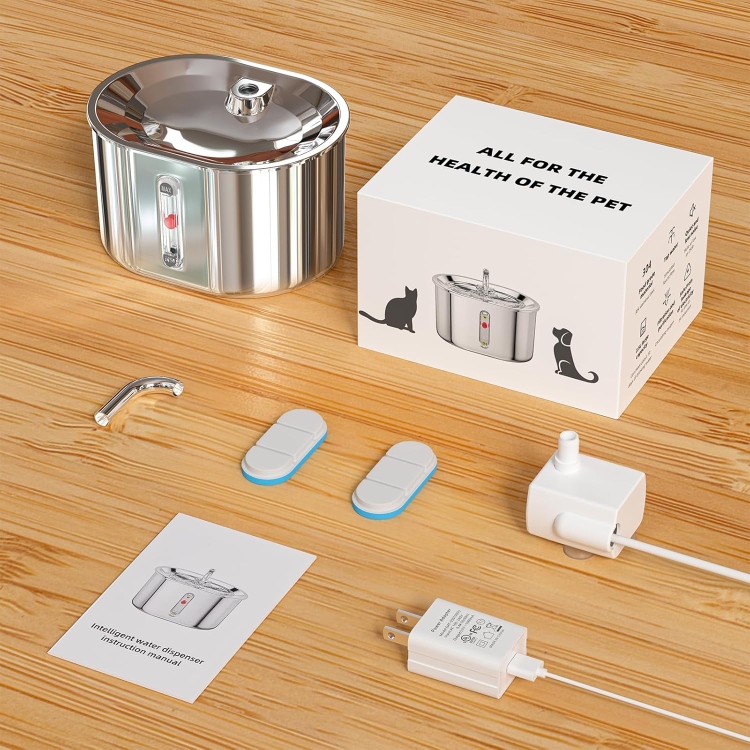 Pet Water Fountain Stainless Steel, 2.5L/85oz Automatic Cat Water Dispenser with Water Level, Super Silent Suitable for Multiple Pets, 2 Pack Filter Replacement