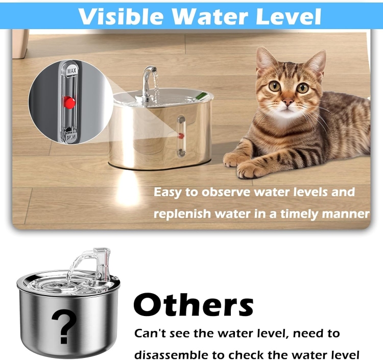 Pet Water Fountain Stainless Steel, 2.5L/85oz Automatic Cat Water Dispenser with Water Level, Super Silent Suitable for Multiple Pets, 2 Pack Filter Replacement