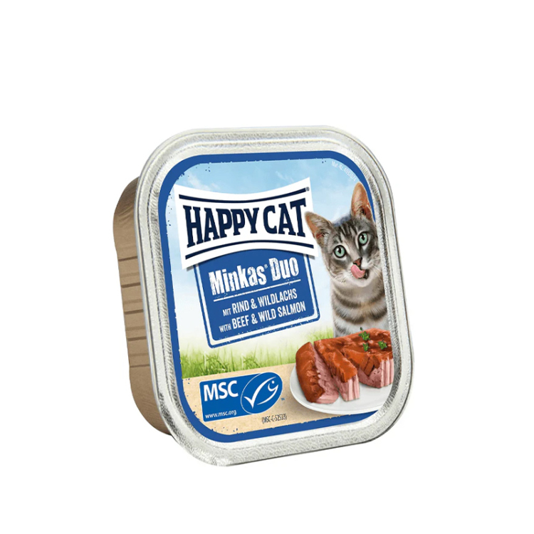  هابي كات مينكاس ديو – طعام رطب للقطط بنكهة لحم البقر والسلمون البري (باتيه)