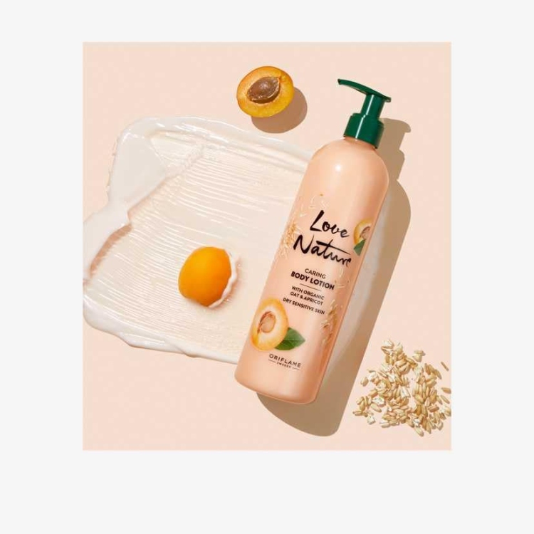 LOVE NATURE CARING SOAP BAR WITH ORGANIC OAT & APRICOT -  LOVE NATURE Caring Body Lotion with Organic Oat & Apricot-500 ml - Oriflame shape ball   41492 - 41260. -  27210  