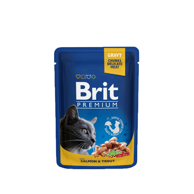 بريت بريميوم – طعام رطب للقطط – قطع سلمون وتروت بمرق
