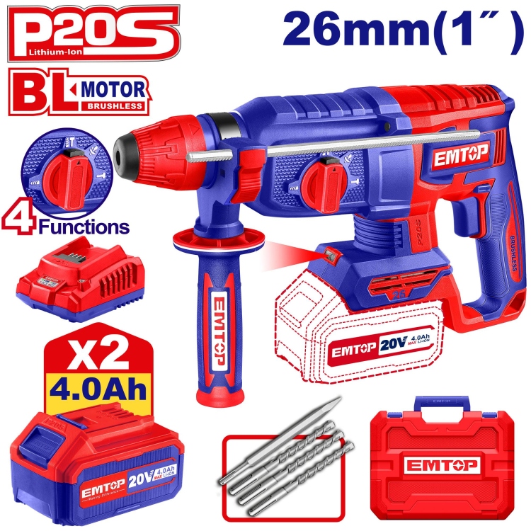  همر شحن  26MM  مع 2 بطاريه و شاحن 20v SDS_PLUS  مع 4 ريش 4 حركات (2.5J)  ELRH202682    Brushless Motor  