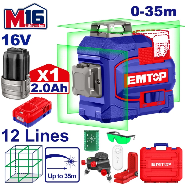 جهاز ليزر اخضر 12 خط  شحن 16V مع 1 بطاريه و شاحن    ESLE12301