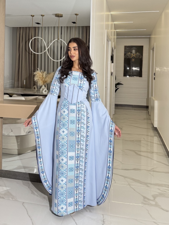 Baby Blue Henna Dress with Long Sleeves & Fixed Corset Style (سلطانة)