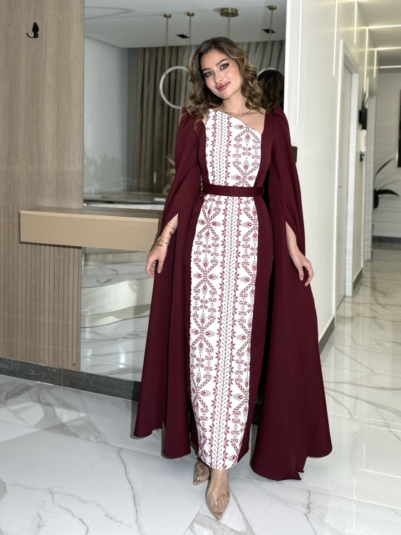 Puffed Shoulder Henna Dress (سلوى خمري)