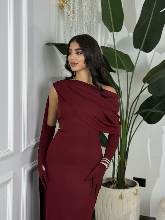  (جوليا )Elegant Julia Dress – One Shoulder & Draped Side Cape