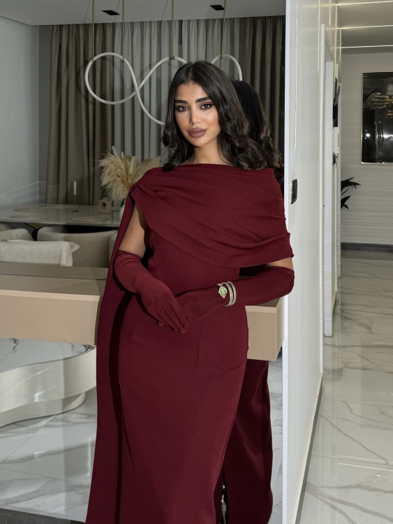  (جوليا )Elegant Julia Dress – One Shoulder & Draped Side Cape
