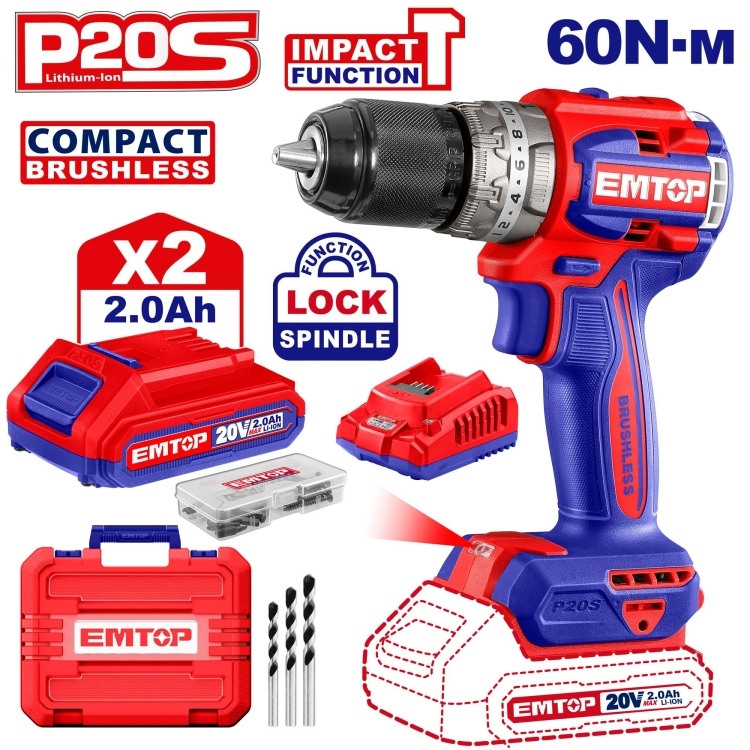 درل شحن 13 ملم 20V شاكوش مع 2 بطارية وشاحنECIDL20602 SUPER BRUSHLESS MOTOR