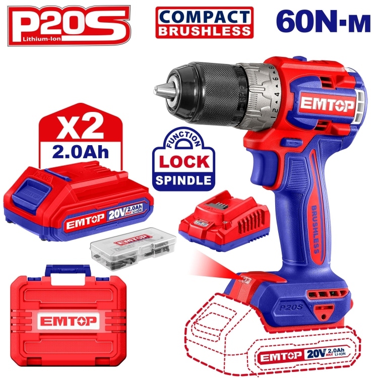 درل شحن 13 ملم 20V مع 2 بطارية وشاحن ECDL20602 SUPER BRUSHLESS MOTOR