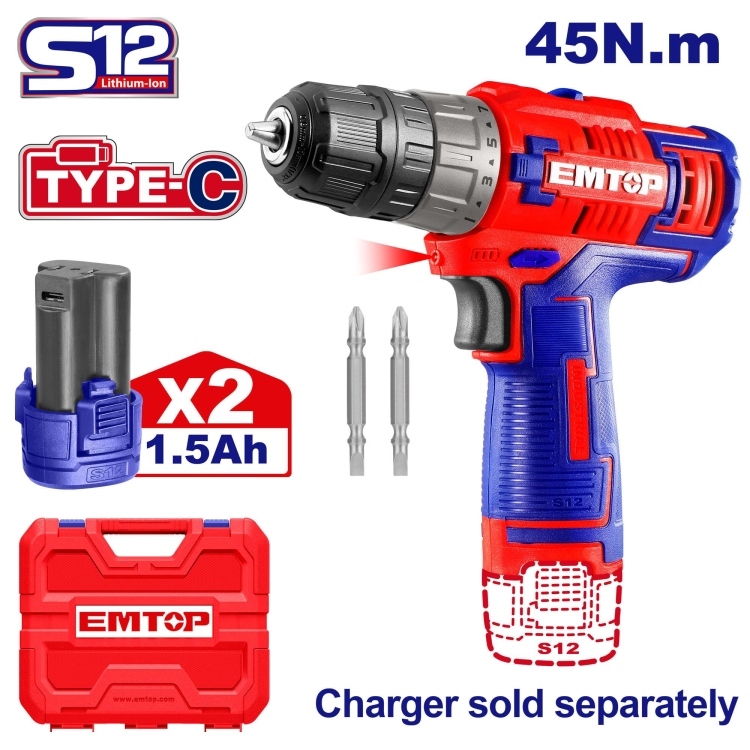 درل شحن شاكوش مع 2 بطاريه 10 ملم مع شنته بلاستيكECIDL12620 12 V Type-C
