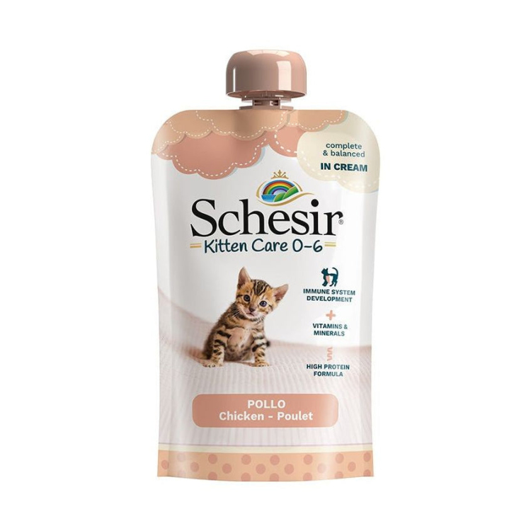 SCHESIR كيس كريمة للقطط 0-6 أشهر دجاج   طعام رطب مكتمل ومتوازن بشرائح دجاج Current 