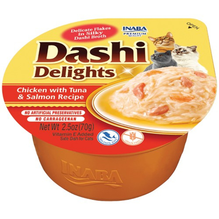Inaba Dashi Delights Chicken with Tuna & Salmon Flavored Bits in Broth Cat Food Topping 2.5 oz