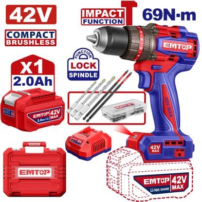 درل شحن 13 ملم شاكوش 42 V 69N مع 1 بطاريه ECIDL426981    2AH Brushless Motor   