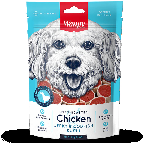 Wanpy Dog Oven-Roasted Chicken Jerky & Codfish Sushi 100g