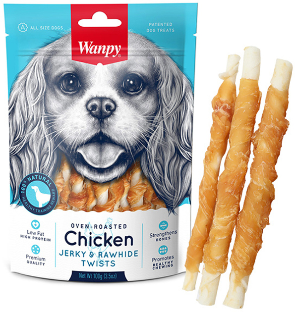 Dog Treats Wanpy Chicken Jerky Rawhide Twists Stick with Dried Chicken 100 g 
