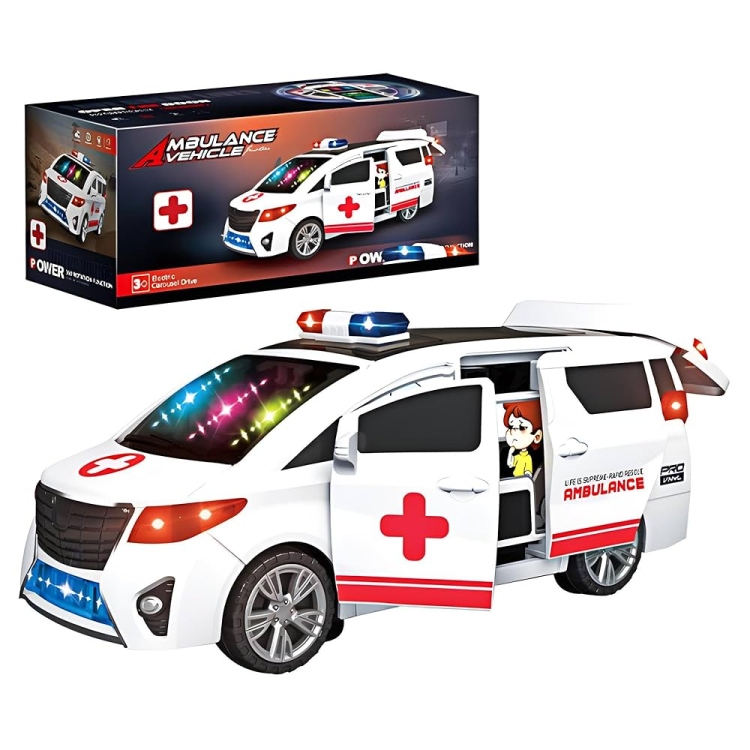 سيارة اسعاف تفتح ابوابها اوتامتيك مع اضاءة وصوت اسعاف وموسيقى