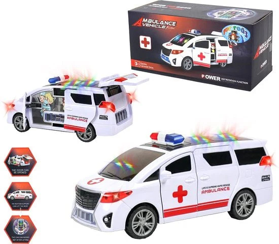 سيارة اسعاف تفتح ابوابها اوتامتيك مع اضاءة وصوت اسعاف وموسيقى