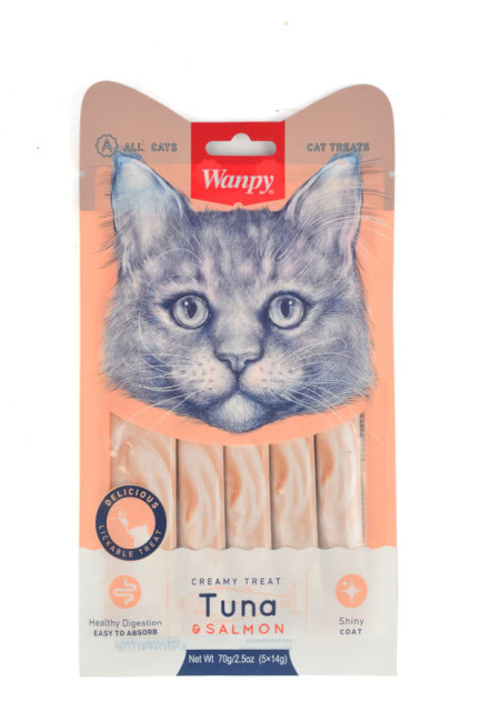 wanpy creamy treat cat tuna & salmon 5 pcs يحتوي على 12 باكيتات
