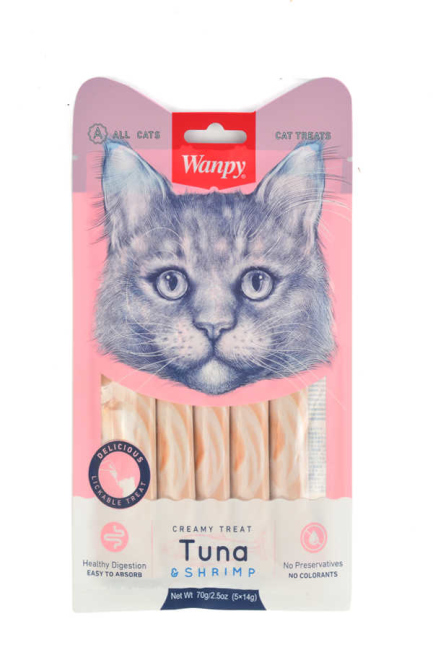 wanpy creamy treat cat tuna & shrimp 5 pcs الكرتونه تحتوي على 12 حبات