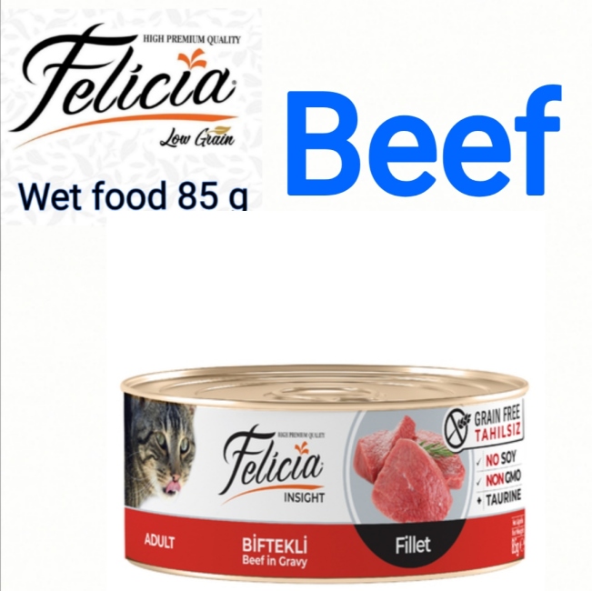 felicia wet food cans 85g beef fillet  سعر الحبة 0.75 الصندوق يحتوي على 24 حبة