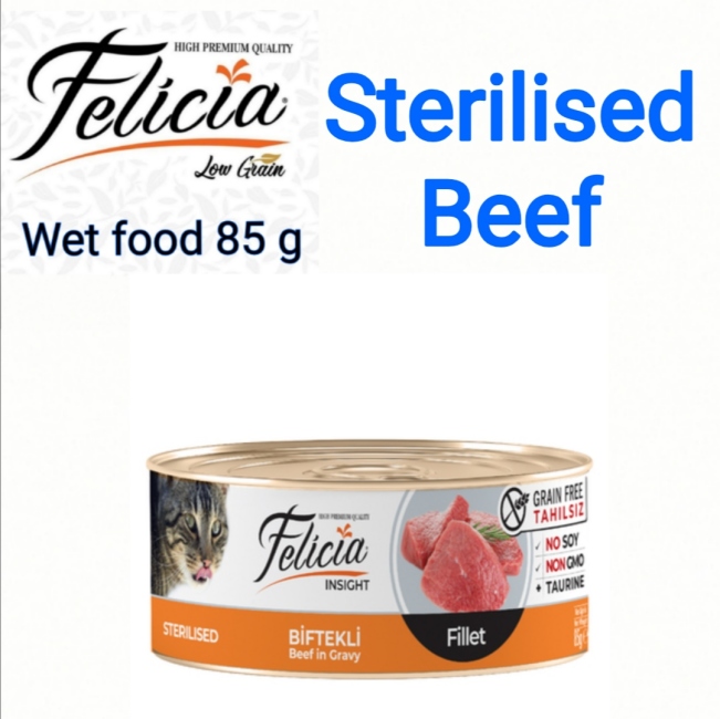 felicia wet food cans 85g sterilised beef fillet   سعر الحبة 0.75 الصندوق يحتوي على 24 حبة