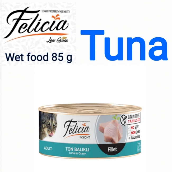 felicia wet food cans 85g tuna fillet  سعر الحبة 0.75 الصندوق يحتوي على 24 حبة