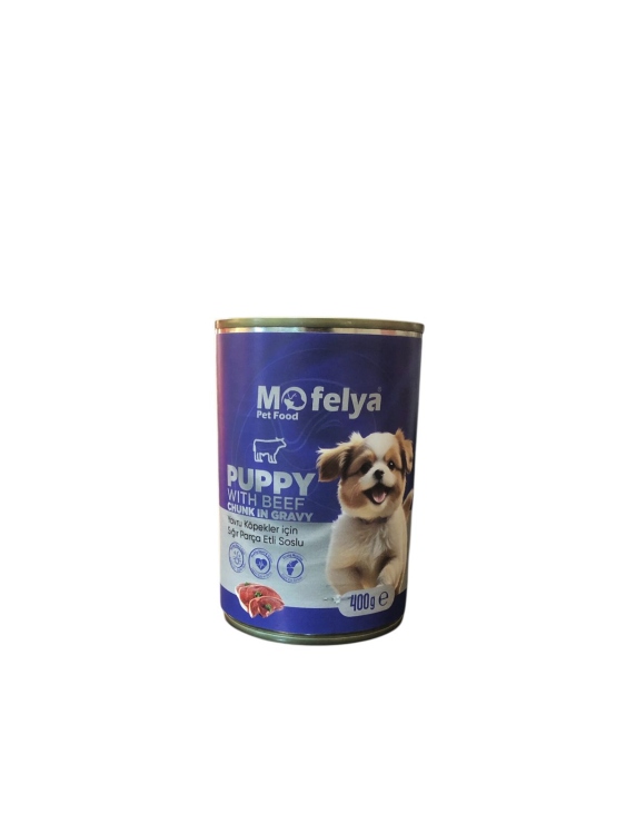 mofelya puppy with beef chunk in gravy