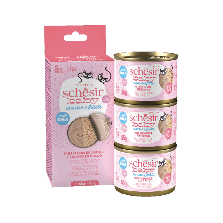 Schesir Baby Kitten Can Chicken with Salmon and Chicken Liver in Mousse & fillets 3x55g