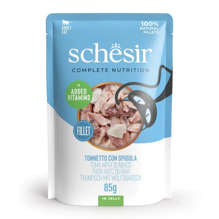 SCHESIR Natural Wet Cat Food Tuna & Sea Bass 12X85G Jelly Pouch Rich in Taurine