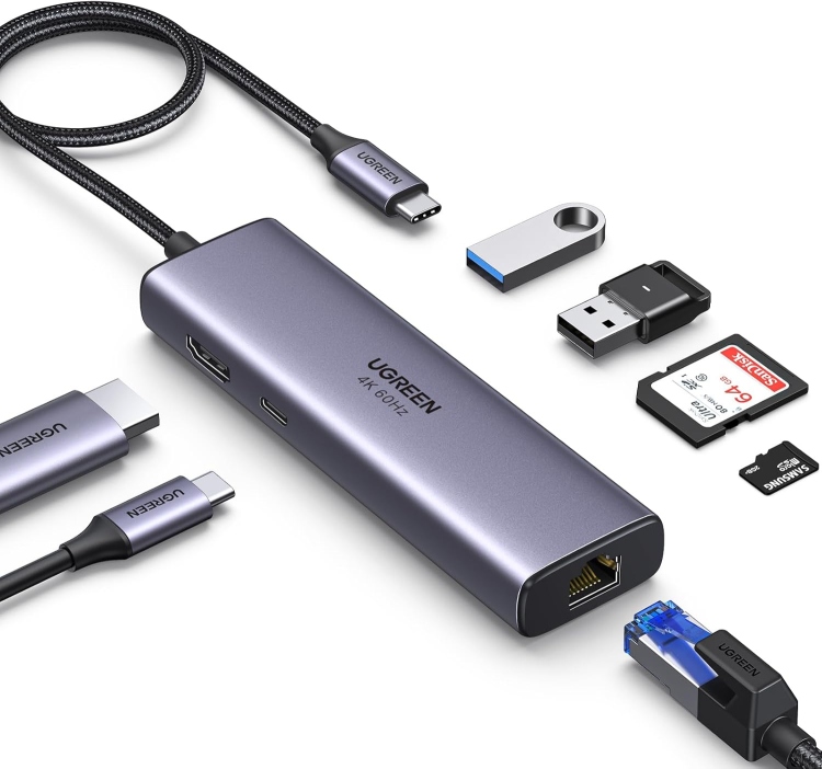 UGREEN CM512 60515  7 IN 1 USB C HUB GIGABIT ETHERNET ADAPTER 4K@60HZ HDMI, 100W PD CHARGING, USB A DATA PORTS, SD/TF CARD READER COMPATIBLE WITH MAC M1, M2, M3, IPAD, IPHONE 15 PRO/PRO MAX, STEAM DECK