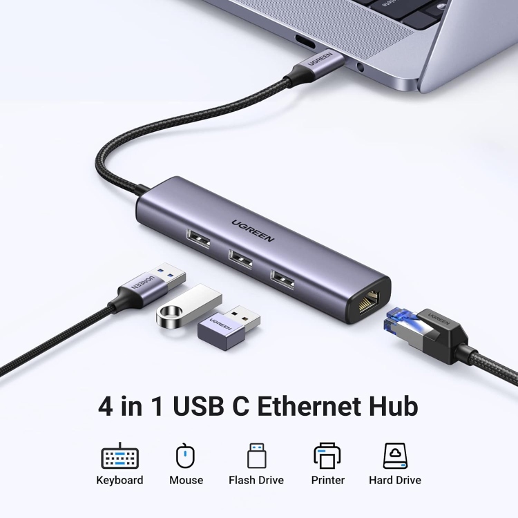 UGREEN USB-C TO 3×USB3.0 HUB+RJ45 (1000M
ETHERNET ADAPTER CM475 60600