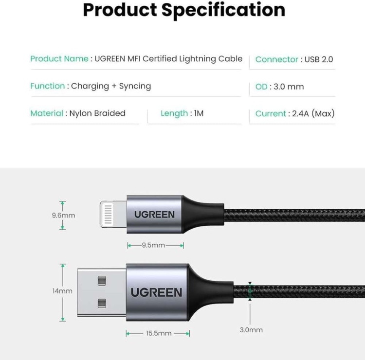 UGREEN US199 60163 LIGHTNING TO USB 2.0 A
MALE CABLE SLIVER 2M