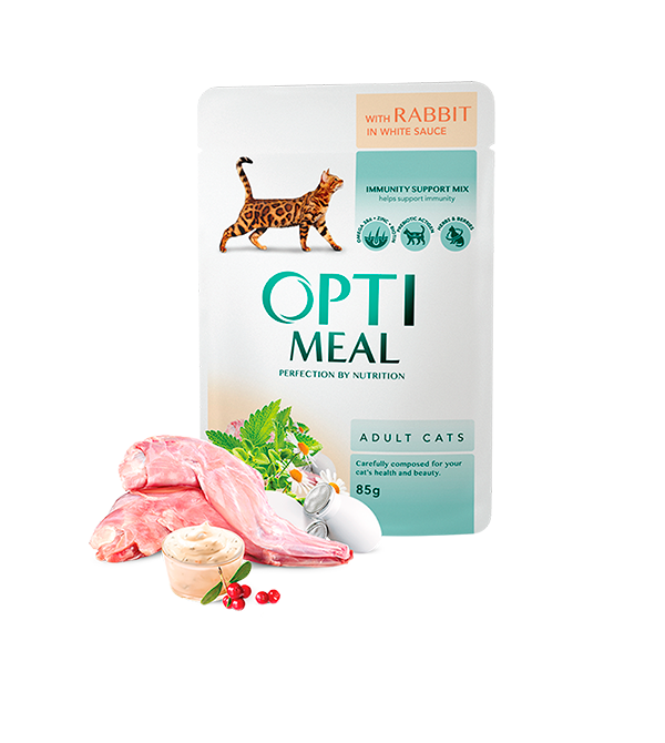 اوبتيميل طعام رطب للقطط البالغة بلحم الارانب بالصوص الأبيض