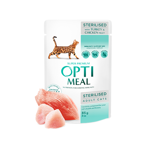 اوبتيميل طعام رطب للقطط المعقمة بنكهة الدجاج والديك الرومي