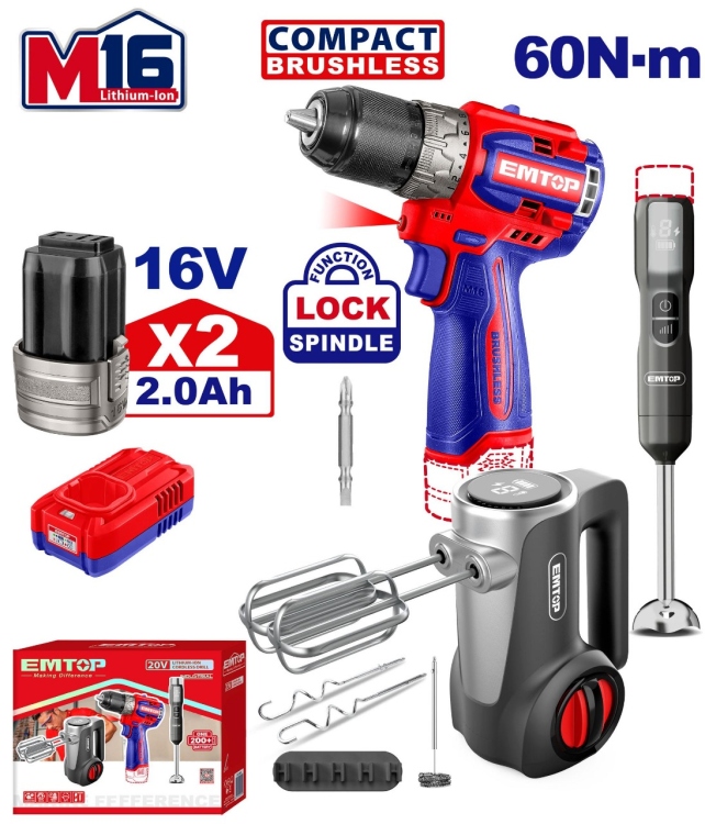 بكج 10 (طقم درل و بلندر و خفاقه 16V مع 2 بطاريه و شاحن)  ECKL1638