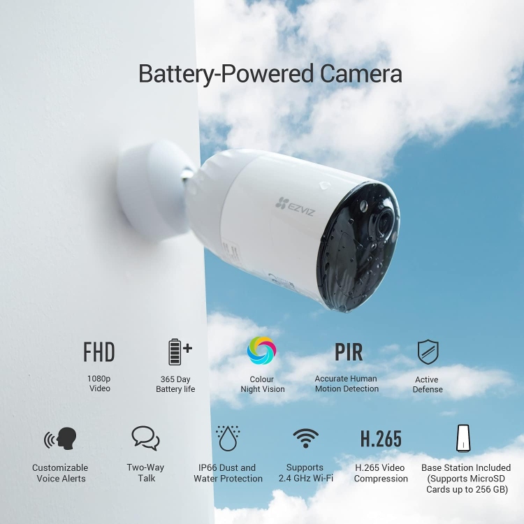 EZVIZ BC1-B3 2MP  WI-FI CAMERA KIT - 2.8MM - 12,900 MAH - 2.4 GHZ WI-FI- IP66 - MICROSD CARDS UP TO 256 GB WI-FI CAMERA KIT - 2.8MM - 12,900 MAH - 2.4