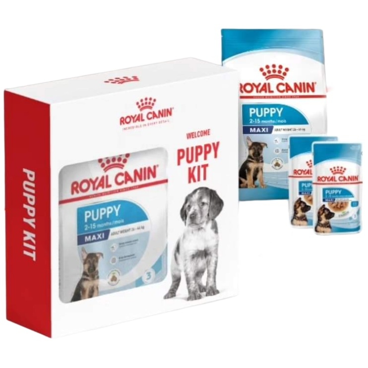 رويال كانين Maxi Puppy  + ظرفان من طعام رطب للجراء