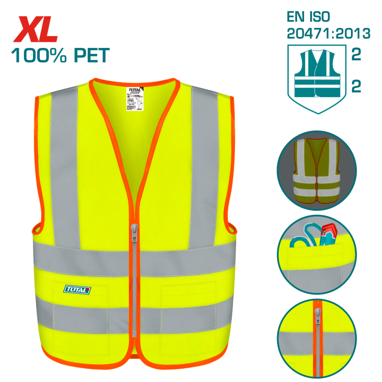 فيزت عاكس للسلامة – لون أصفر فسفوري، XL، مع شريط عاكس ومعيار EN471 من توتال (TSP63XL)