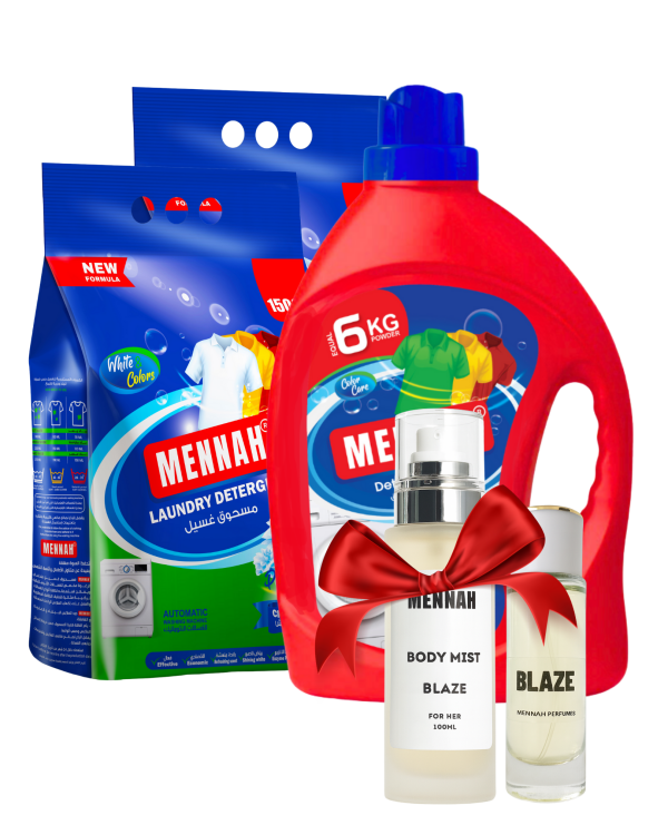 منه سائل غسيل 3لتر مع مسحوق  غسيل 1500غ عدد 2 مع هدية عطر وبودي ميست 