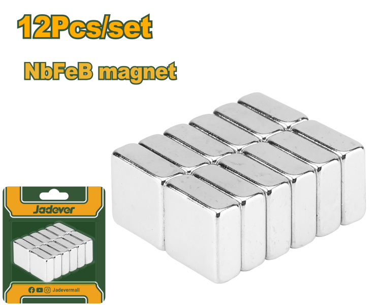 طقم مغناطيس نيوديميوم 12 قطعة – 10×10×104مم، مطلي بالنيكل من جادايفر (JDZE1K12)
