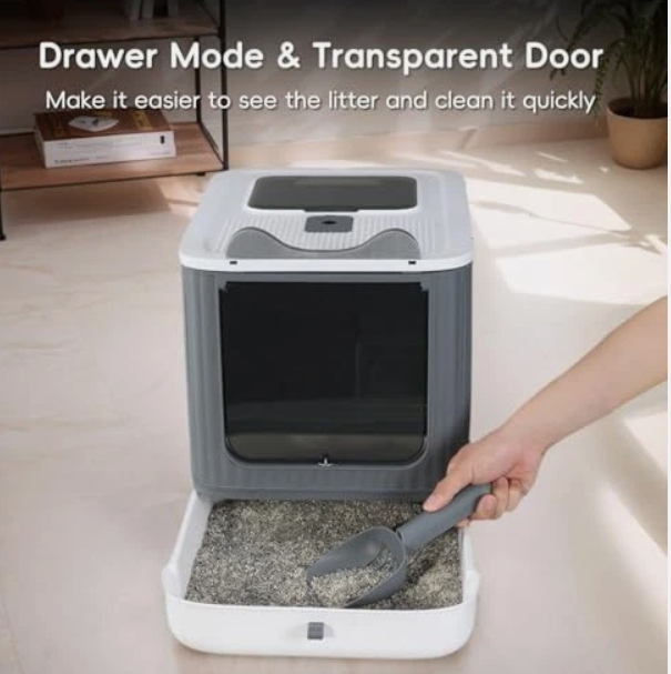 JZ-342 صندوق قمامة قطط قابل للطي، صندوق قمامة مغلق بالكامل مع غطاء