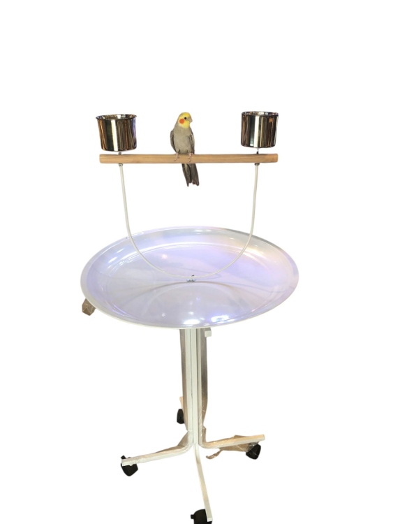 White Round Parrot Stand with Stainless Steel Feeder