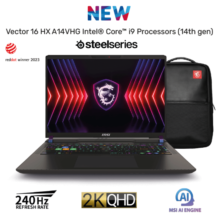 MSI Vector 16 HX A14VHG Intel® Core™ i9-14900HX 24 Core NVIDIA RTX 408012GB GDDR6, 32 GB DDR5, 1TB SSD, 16" QHD+ (2560 x 1600) 240Hz IPS, RGB Steelseries KB