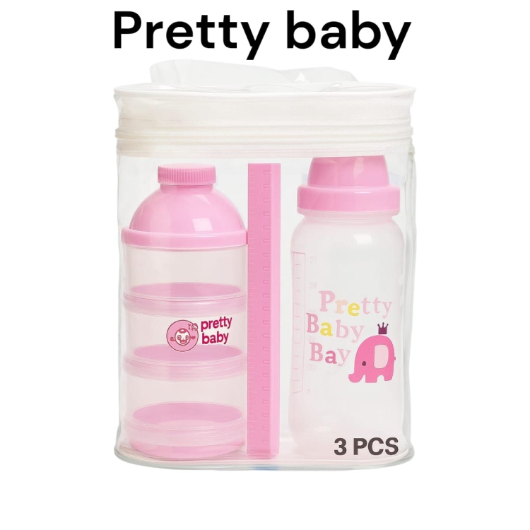 مجموعة برتي بيبي بناتي 3 قطع رضاعة وحافظة حليب وملقط